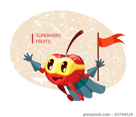 Funny cartoon character fruit cherry in superhero costume at masks emotion with flag in hand. Vegetable character product fun food costume vector illustration Funny cartoon character fruit cherry in superhero costume at masks emotion with flag in hand. Vegetable character product fun food costume vector illustration 83744529