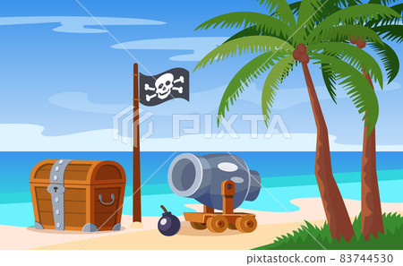 Uninhabited adventure island with pirate wooden treasure chest, pirate flag and cannon. Palm trees along the beach and sea. Travel concept in the mediterranean sea. Cartoon vector Uninhabited adventure island with pirate wooden treasure chest, pirate flag and cannon. Palm trees along the beach and sea. Travel concept in the mediterranean sea. Cartoon vector 83744530