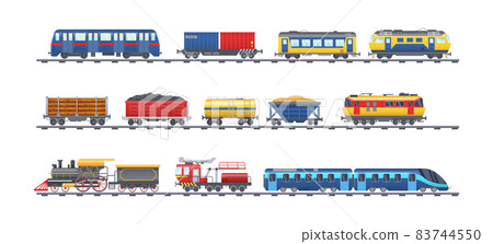 Freight train with wagons, tanks, freight, cisterns. Railway locomotive train with oil wagon, transportation cargo, railway crane for lifting cargo, transport locomotive, subway metro vector Freight train with wagons, tanks, freight, cisterns. Railway locomotive train with oil wagon, transportation cargo, railway crane for lifting cargo, transport locomotive, subway metro vector 83744550