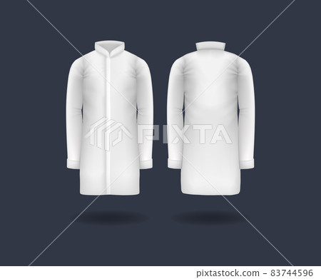 Realistic doctor coat mock up. White male medical gown, lab uniform, doctor medical laboratory clothes, hospital professional suit, on transparent background isolated vector 83744596