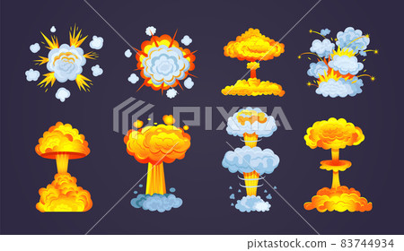 Animation for game of explosion effect. Frame comic animation with effect of fun explosion, divided into separate scenes framed artwork. Fire smoke, burning with elements flame, particles 83744934