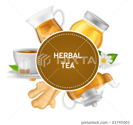 Realistic ceramic cup with hot fresh black tea on saucer with mint leaves, ginger tea, teapots with ginger root, ground roots in tea leaves vector 83745001