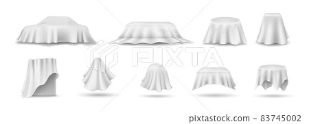Set of draped table covers. Realistic hanging napkin, tablecloth, curtain. 83745002