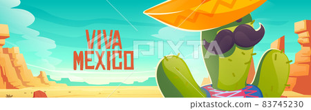 Viva Mexico banner with cute cactus in sombrero Viva Mexico banner with cute cactus in sombrero 83745230