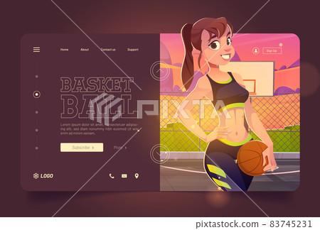 Basketball banner with girl with ball on court Basketball banner with girl with ball on court 83745231