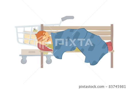 Homeless people concept. Elderly man needing help. Elderly homeless unemployment vagabond man sleeping on a bench in the street wrapped in a cloth isolated vector Homeless people concept. Elderly man needing help. Elderly homeless unemployment vagabond man sleeping on a bench in the street wrapped in a cloth isolated vector 83745981
