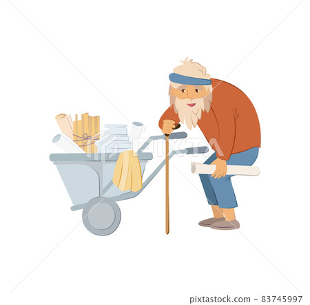 Homeless people concept. Elderly man needing help. Elderly homeless unemployment old man with cane in hand, carry cart filled with papers, collects prepackaged rubbish on street isolated 83745997