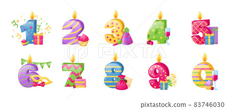 Birthday anniversary numbers candle. Cheerful gift card with numbers and holiday elements, invitation card template. Candles in form of numbers for birthday, anniversary, jubilee cartoon Birthday anniversary numbers candle. Cheerful gift card with numbers and holiday elements, invitation card template. Candles in form of numbers for birthday, anniversary, jubilee cartoon 83746030