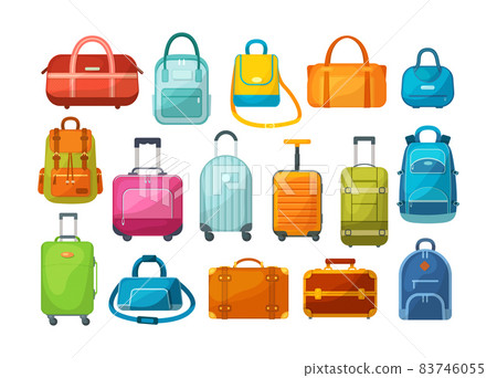 Travel luggage, metal backpacks, plastic case and leather bag. Travel suitcase with wheels, journey package, business travel bag, trip luggage. Backpack suitcase for journey, vacation, tourism 83746055