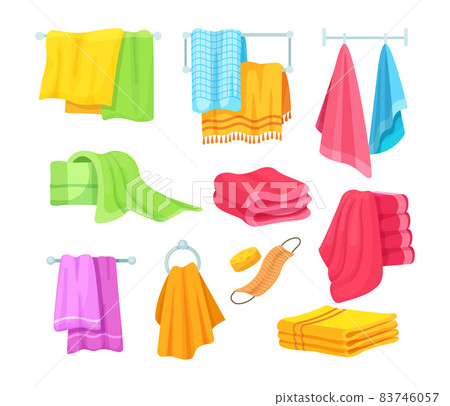Bath and kitchen towels. Fabric towel hanging on ring, rolled cloth towels, flying towels hanging from a rope, linen on dryer. Bathroom textile cartoon vector 83746057