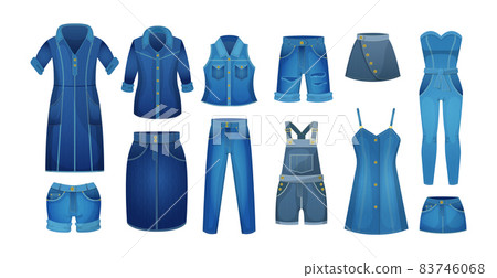 Denim blue clothing jeans female. Casual outfit for women. Blue jean garments for trendy look. Fashion style womenswear. Modern female denim skirt, trousers, overalls, sundress, shorts. Denim blue clothing jeans female. Casual outfit for women. Blue jean garments for trendy look. Fashion style womenswear. Modern female denim skirt, trousers, overalls, sundress, shorts. 83746068
