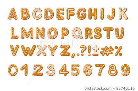 Christmas and New Year holidays gingerbread cookies alphabet. Xmas cartoon cookies alphabet, sweet winter food with decorated glazed sugar, arabic numbers, signs, covered icing-sugar Christmas and New Year holidays gingerbread cookies alphabet. Xmas cartoon cookies alphabet, sweet winter food with decorated glazed sugar, arabic numbers, signs, covered icing-sugar 83746116