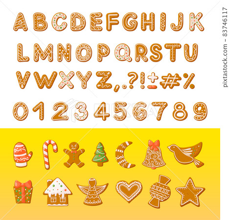 Gingerbread holidays cookies font alphabet. Christmas or New Year winter food with decorated glazed sugar. Gingerbread cookies in shape of arabic font, gift box, heart, lollipop, candy, angel 83746117