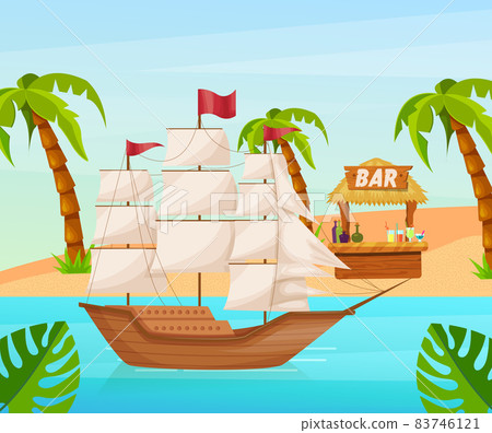 Maritime ships at sea, sailboat, frigate with sails near tropical beach with palm. Water transportation tourism transport cartoon vector 83746121