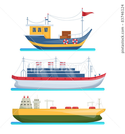 Maritime ships at sea, shipping boats, cargo cruise ship, steamship, vessel, battleship, tanker. Water transportation boat tourism transport vector Maritime ships at sea, shipping boats, cargo cruise ship, steamship, vessel, battleship, tanker. Water transportation boat tourism transport vector 83746124