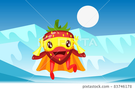 Funny cartoon character fruit plum in superhero costume at masks emotion with hands up. Vegetable character super hero product fun food costume vector illustration 83746178
