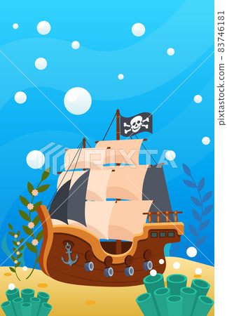 Pirate theme. Vector cartoon treasure pirate map of ocean, steering wheel, anchor at depths of sea, among the sand under water. View of the underwater world, ancient treasures, coins and jewelry. Pirate theme. Vector cartoon treasure pirate map of ocean, steering wheel, anchor at depths of sea, among the sand under water. View of the underwater world, ancient treasures, coins and jewelry. 83746181