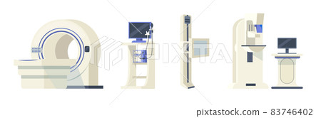 Hospital medical equipment set. Computed tomography brain, MRI magnetic resonance tomograph vector cartoon isolated, FGS apparatus installation, digital mammograph, ultrasound scanner vector Hospital medical equipment set. Computed tomography brain, MRI magnetic resonance tomograph vector cartoon isolated, FGS apparatus installation, digital mammograph, ultrasound scanner vector 83746402