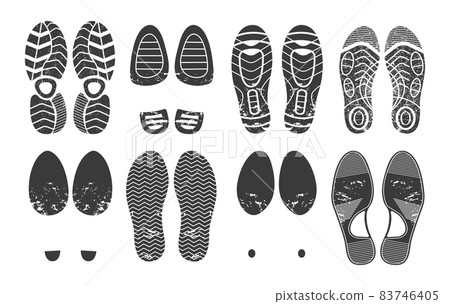 Human footprint. Footwear steps silhouette, shoes, boots, sneakers footstep print of men and women, textured steps. Dirty shoes print, shoes footprints on asphalt and ground, step silhouette Human footprint. Footwear steps silhouette, shoes, boots, sneakers footstep print of men and women, textured steps. Dirty shoes print, shoes footprints on asphalt and ground, step silhouette 83746405