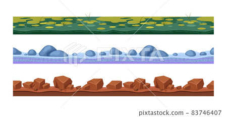 Swamp water with grass, sandy ground, soil layers with rocks. Swamp water with grass, sandy ground, soil layers with rocks. 83746407