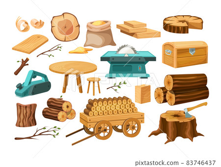 Wood industry material tools and products, tree trunks, bark, wood kitchen utensils, branches, planks, wooden furniture, chest, shavings. Logs, boards for the forest lumber industry set vector 83746437