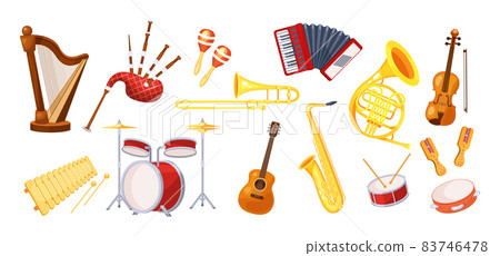 Set various musical metal wood acoustic instruments: violin, tambourine, harp, trombone, bagpipe, saxophone, accordion, guitar, drum, tambourine, synthesizer, bagpipes, maracas, rumba vector 83746478