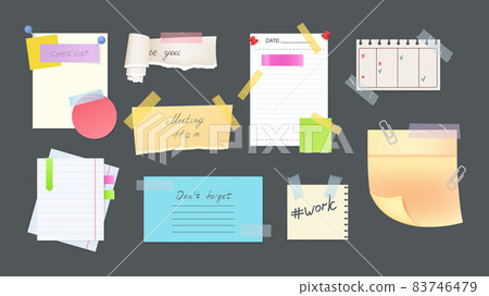 Paper notes on stickers, reminders notepads, memo messages torn paper sheets attached with transparent tape. Office torn pieces for write short notes, messages of meeting reminder, to-do list Paper notes on stickers, reminders notepads, memo messages torn paper sheets attached with transparent tape. Office torn pieces for write short notes, messages of meeting reminder, to-do list 83746479