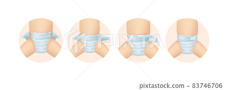 Realistic daper baby. Changing diapers steps. Softly cleanliness newborn for childrens kids. Absorbent layered material protection. Swaddling rules, fixing pampers on baby. 83746706
