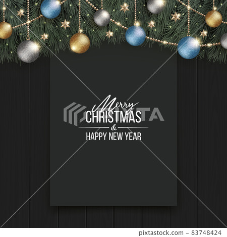 Christmas board template. Black plain board on black wooden wall 83748424