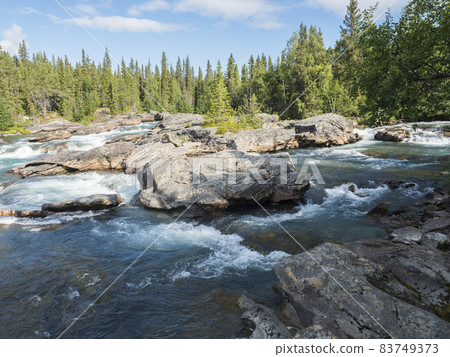 Beautiful northern landscape with rapids and cascades of wild river Kamajokk, boulders and spruce tree forest and hills in Kvikkjokk village in Swedish Lapland. Summer sunny day, blue sky white clouds Beautiful northern landscape with rapids and cascades of wild river Kamajokk, boulders and spruce tree forest and hills in Kvikkjokk village in Swedish Lapland. Summer sunny day, blue sky white clouds 83749373