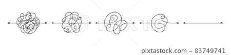 Simplifying process. Understand info step by step. Business solution concept. Chaos lines with arrows. Solving mental problems. Hand drawn doodle vector illustration isolated on white background Simplifying process. Understand info step by step. Business solution concept. Chaos lines with arrows. Solving mental problems. Hand drawn doodle vector illustration isolated on white background 83749741
