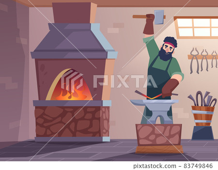 Foundry workshop background. Blacksmith worker making steel sword medieval fantasy character with hammer and traditional instruments exact vector 83749846