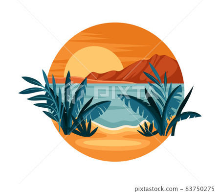 Tropical Landscape with Sunset and Sandy Beach with Flora in Circle Closeup Vector Illustration 83750275