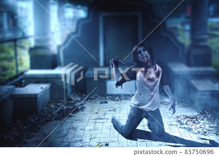 Scary zombie with blood and wound on his body crawling Scary zombie with blood and wound on his body crawling 83750696