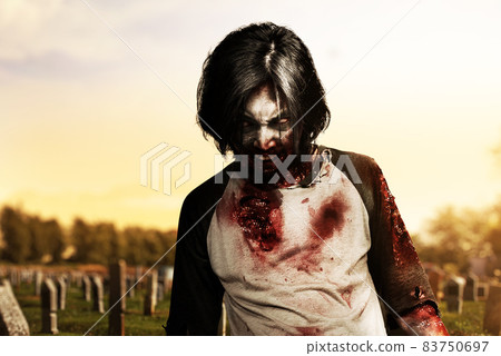 Scary zombie with blood and wound on his body walking Scary zombie with blood and wound on his body walking 83750697