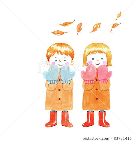 A smiling child wearing warm gloves, dancing dead leaves [hand-painted watercolor] 83751415