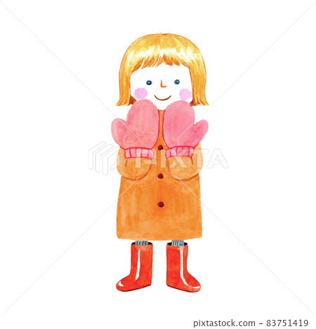 Smile girl with warm gloves [Hand-painted watercolor] 83751419