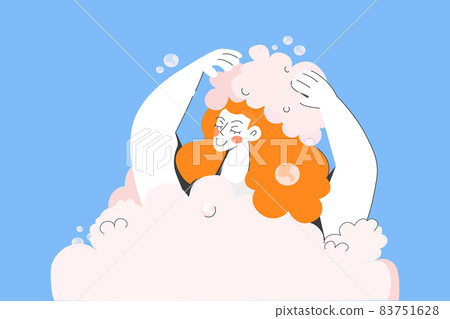 Smiling woman wash hair with foamy shampoo  Smiling woman wash hair with foamy shampoo  83751628