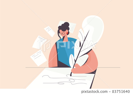 Woman writer create poetry with feather on paper  83751640