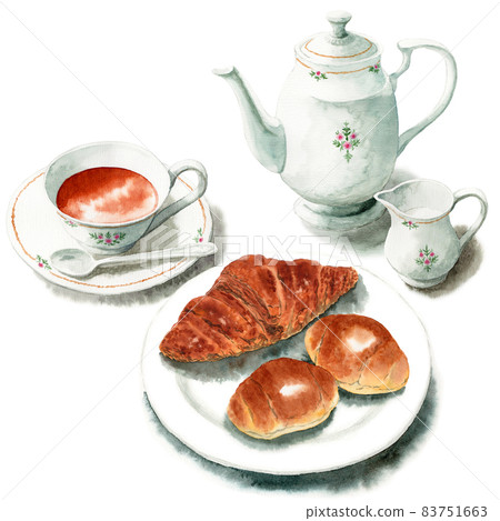 Analog watercolor croissant, butter roll and tea set 83751663