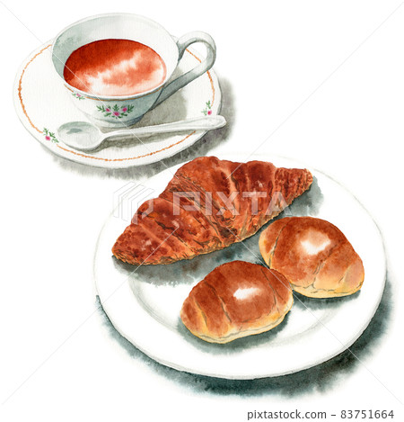 Analog watercolor croissants, butter rolls and tea 83751664