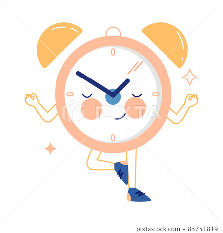 Funny Clock Character with Smiling Face Standing in Yoga Pose Vector Illustration 83751819