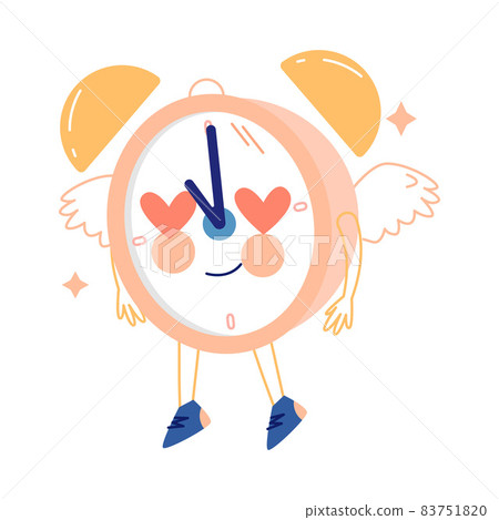 Funny Clock Character with Smiling Face Fluttering in Heaven with Wings and Heart in Eyes Vector Illustration Funny Clock Character with Smiling Face Fluttering in Heaven with Wings and Heart in Eyes Vector Illustration 83751820