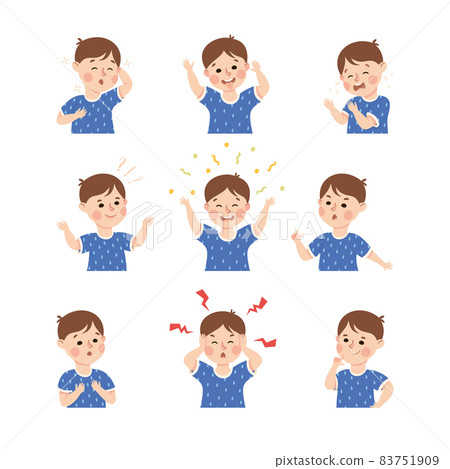 Little Boy Demonstrating Facial Expression and Emotion Laughing and Grimacing Vector Set 83751909