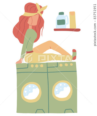 Concept of washing clothes at home. The girl is sitting on the washing machine. The woman washes at home. Laundry concept. 83751951