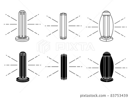 UV-C sterilizer sign. UV light disinfection icons. Set of ultraviolet sterilization lamps. Ultraviolet germicidal irradiation. Surface cleaning, medical decontamination procedure. Vector 83753439
