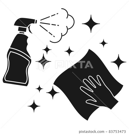 Napkin in the hand with alcohol spray. Cleaning and disinfection of premises. Disinfection of all surfaces. Sterile surface. Sanitizer. Spray. Glyph icon. Vector Napkin in the hand with alcohol spray. Cleaning and disinfection of premises. Disinfection of all surfaces. Sterile surface. Sanitizer. Spray. Glyph icon. Vector 83753473