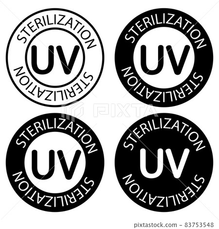 UV sterilization stamp. UV light disinfection. Badge set for ultraviolet sterilization. Ultraviolet germicidal irradiation. Surface cleaning, medical decontamination procedure. Vector 83753548
