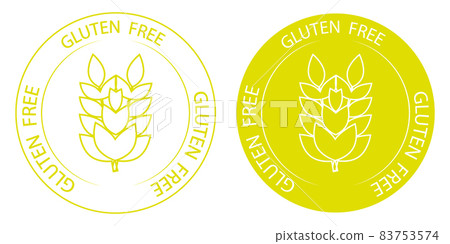 Gluten free vector icon. No gluten stamp. Sign with wheat inside and with lettering gluten free around. Yellow label for food package without gluten or for dietetic product nutrition 83753574
