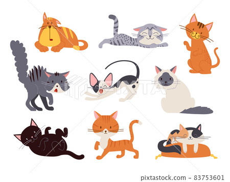 Cartoon cats. Sleep cat on pillow, isolated kitten scare. Cute pets play and sit, friendly fluffy animals. Childish stickers classy vector set 83753601